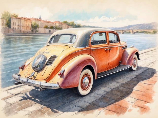 Auf dem Bild ist ein klassisches Auto in einer warmen orange- und beigefarbenen Farbgebung zu sehen, das an einem schmalen Weg entlang eines Gewässers parkt. Im Hintergrund sind historische Gebäude und eine Brücke zu erkennen, die der Szenerie einen malerischen Charme verleihen.Erlebe unvergessliche Stopps entlang der Donau, während du solche beeindruckenden Ausblicke und nostalgischen Fahrzeuge bewunderst!