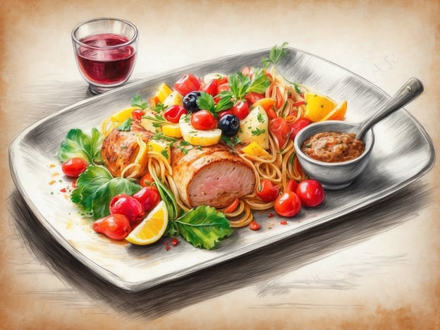 Auf dem Bild ist ein kulinarisches Highlight zu sehen: ein kunstvoll angerichteter Teller mit saftigem Fleisch, umgeben von einer bunten Mischung aus frischen Zutaten. Dazu gibt es Pasta, die mit pürierten Tomaten und frischen Kräutern verfeinert ist, sowie eine Auswahl an farbenfrohem Gemüse wie Paprika und Kirschtomaten.Ein kleiner Schälchen mit einer würzigen Sauce ergänzt das Gericht perfekt. Hinter dem Teller steht ein Glas mit rotem Getränk, das dem Ganzen einen passenden Abschluss verleiht. Dieses Gericht zeigt, wie vielfältig und ansprechend die Küche an Bord sein kann!
