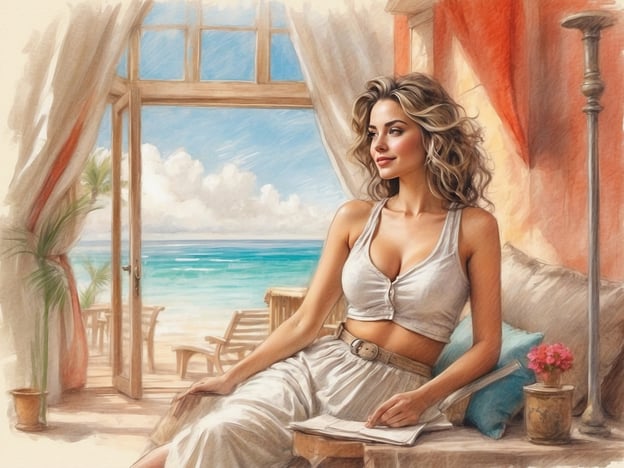 Auf dem Bild sieht man eine entspannte Frau, die in einem lichtdurchfluteten Raum sitzt. Der Ausblick zeigt einen malerischen Strand mit blauem Wasser und Wolken. Die Atmosphäre strahlt Ruhe und Wohlbefinden aus, was mit Wellness assoziiert werden kann. Die Szene lädt dazu ein, sich zurückzulehnen und die Schönheit der Natur zu genießen, was auch eine Form von Unterhaltung darstellt. Die Kombination aus einer entspannenden Umgebung und einem herrlichen Ausblick macht das Bild besonders ansprechend für diejenigen, die nach Erholung und Unterhaltung suchen.
