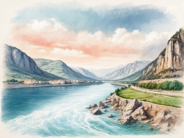 Auf dem Bild ist eine malerische Landschaft zu sehen, die sich entlang eines Flusses erstreckt. Die sanften Hügel und majestätischen Berge im Hintergrund schaffen eine idyllische Kulisse. Am Ufer liegt eine Stadt oder ein kleines Dorf, das von Bäumen umgeben ist, und es gibt einen klaren blauen Himmel mit einigen Wolken.Wenn man die Donau als Reiseziel wählt, entdeckt man ähnliche beeindruckende Landschaften. Entlang des Flusses kann man charmante Städte besichtigen, wie Wien, Budapest oder Passau, die nicht nur historische Sehenswürdigkeiten bieten, sondern auch eine wunderschöne Naturkulisse. Aktivitäten wie Bootsfahrten auf der Donau ermöglichen es, die malerische Umgebung aus einer anderen Perspektive zu genießen.