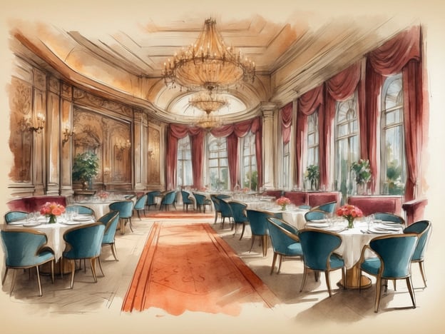 Auf dem Bild ist ein eleganter Speisesaal zu sehen. Es gibt stilvoll gedeckte Tische mit weißen Tischdecken, die mit Blumen dekoriert sind. Die Stühle sind in einem schönen Blauton gehalten. Große Fenster lassen viel Licht herein, und die Wände sind kunstvoll gestaltet, was der Umgebung eine luxuriöse Atmosphäre verleiht. Ein Kronleuchter sorgt für eine ansprechende Beleuchtung, und der rote Teppich verleiht dem Raum zusätzlichen Glamour.Die Annehmlichkeiten an Bord umfassen sicherlich exklusive Speiseoptionen, komfortable Sitzgelegenheiten und eine ansprechende, gehobene Atmosphäre, die das Dinieren zu einem besonderen Erlebnis macht.