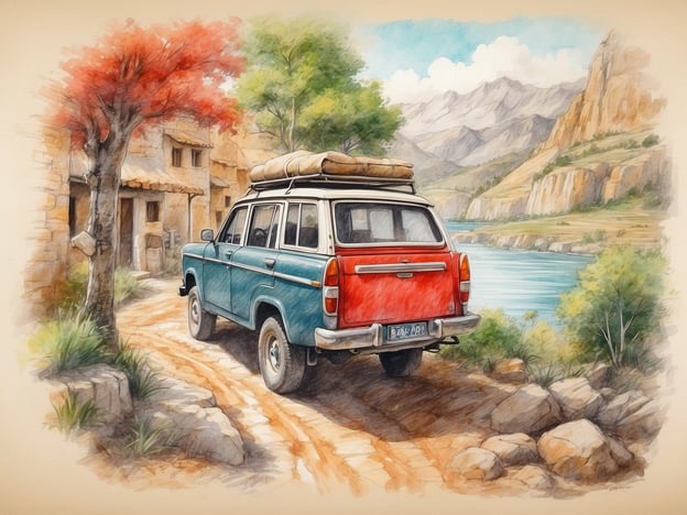 Auf dem Bild sieht man einen geländegängigen Wagen, der auf einem schmalen Weg in der Natur geparkt ist. Im Hintergrund sind Berge und ein ruhiger Fluss zu sehen, umgeben von üppigem Grün und einigen herbstlichen Bäumen.Hier sind Tipps für Landausflüge, die gut zu dieser Szene passen:1. **Packen Sie die richtige Ausrüstung**: Stellen Sie sicher, dass Sie genügend Wasser, Snacks und eine Erste-Hilfe-Ausrüstung dabei haben. Ein gutes Kartenmaterial oder ein GPS-Gerät kann ebenfalls hilfreich sein.2. **Planen Sie Ihre Route**: Informieren Sie sich im Voraus über die Umgebung und planen Sie Stopps an interessanten Orten, wie Aussichtspunkten oder kleinen Dörfern.3. **Respektieren Sie die Natur**: Achten Sie darauf, keine Abfälle zu hinterlassen und die Natur zu respektieren. Bleiben Sie auf den markierten Wegen.4. **Sicherheit geht vor**: Überprüfen Sie Ihr Fahrzeug vor der Abfahrt, insbesondere die Reifen und den Tank. Fahren Sie vorsichtig, besonders auf unbefestigten Straßen.5. **Lokale Kultur entdecken**: Nutzen Sie die Gelegenheit, in kleinen Dörfern lokale Speisen zu probieren oder mit den Menschen zu sprechen, um mehr über ihre Kultur zu erfahren.Viel Spaß bei Ihrem Abenteuer in der Natur!