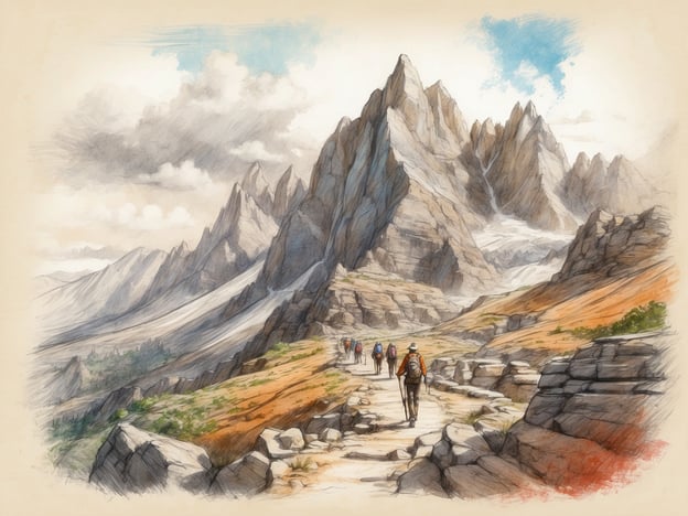 Auf dem Bild ist eine malerische Berglandschaft mit hohen Gipfeln und einem Wanderweg zu sehen. Es sieht so aus, als ob mehrere Wanderer den Pfad entlang gehen, was auf eine gemeinsame Wanderung oder einen Ausflug in die Natur hindeutet. Die Umgebung bietet idealen Raum für Aktivitäten wie Bergsteigen, Wandern oder Naturerkundungen. Die beeindruckende Aussicht lädt dazu ein, die Schönheit der Natur zu genießen und sich von der frischen Luft inspirieren zu lassen.
