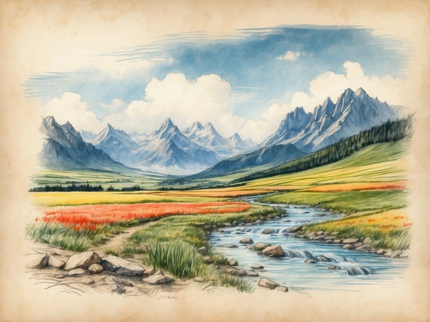 Das Bild zeigt eine malerische Landschaft mit Bergen, einem Fluss und bunten Wiesen. Um eine Wanderung in Norddeutschland zu planen, sind hier einige Tipps:1. **Wanderwege recherchieren**: Informiere dich über Wanderwege in der Region, wie den Schleswig-Holsteinischen Höhenweg oder die Wegeberichte der Norddeutschen Naturparks.2. **Wetter berücksichtigen**: Das Wetter in Norddeutschland kann wechselhaft sein. Überprüfe die Wettervorhersage und plane entsprechend.3. **Ausrüstung**: Stelle sicher, dass du bequeme Wanderboots, wetterfeste Kleidung und ausreichend Wasser dabei hast.4. **Pausen einplanen**: Plane regelmäßige Pausen ein, um die Aussicht zu genießen und Energie zu tanken.5. **Karten und Apps**: Nutze Karten oder Wanderrouten-Apps, um dich nicht zu verlaufen.6. **Tierschutz beachten**: Achte auf lokale Vorschriften, insbesondere in Naturschutzgebieten.Viel Spaß beim Wandern!