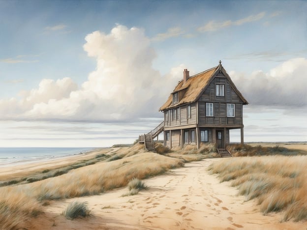 Auf dem Bild ist ein malerisches Strandhaus zu sehen, das auf einem Dünenfeld steht. Die umgebende Landschaft zeigt weite Sandstrände und eine sanfte Küstenlinie, die sich mit dem Meer verbindet. Die Wolken am Himmel verleihen der Szene eine ruhige, aber lebendige Atmosphäre.Wenn du einen Ort wie diesen erkunden möchtest, sind hier einige Tipps:1. **Strandspaziergänge**: Nutze die umliegenden Sandwege für lange Spaziergänge am Strand und genieße die frische Meeresluft.2. **Fotografie**: Die Landschaft bietet zahlreiche fotogene Stellen. Halte die beeindruckenden Wolkenformationen und das Licht auf dem Wasser fest.3. **Naturerkundungen**: Achte auf die Flora und Fauna der Dünen. Viele Küstenregionen haben einzigartige Pflanzen- und Tierarten.4. **Wassersport**: Je nach Region könntest du Möglichkeiten zum Schwimmen, Surfen oder Kajakfahren finden.5. **Besuch von Leuchttürmen**: In der Nähe könnten Leuchttürme stehen, die oft für Besucher zugänglich sind und tolle Aussichten bieten.6. **Kulturelle Erkundung**: Informiere dich über lokale Restaurants und Geschäfte, die regionale Spezialitäten anbieten.Ein Besuch in einer solchen Umgebung kann entspannend und inspirierend zugleich sein!