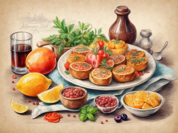 Auf dem Bild sind verschiedene kulinarische Köstlichkeiten zu sehen, die durch frische Zutaten und Farben bestechen. Es gibt eine Auswahl von gefüllten Törtchen, die möglicherweise mit Tomaten, Gemüse oder einer anderen köstlichen Füllung verziert sind. Außerdem sind frische Zitrusfrüchte wie Orangen und Zitronen vorhanden, die oft in der mediterranen Küche verwendet werden.Das Bild enthält auch kleine Schalen mit Granatapfelkernen und Oliven, die häufig in lokalen Spezialitäten zu finden sind. Ein Glas mit einem dunkelbraunen Getränk und eine Karaffe deuten auf eine einladende Atmosphäre hin, die typisch für ein geselliges Festmahl ist. Diese Anordnung spiegelt die Vielfalt und Aromen wider, die in vielen regionalen Küchen zu finden sind.