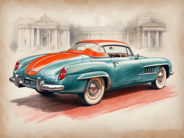 Auf dem Bild ist ein klassisches Auto zu sehen. Es handelt sich um ein Modell mit einer auffälligen Lackierung in Türkis und Orange. Der Wagen hat runde Scheinwerfer und eine elegante Form, die typisch für Oldtimer ist. Im Hintergrund sind skizzenhafte Darstellungen von historischen Gebäuden zu erkennen, was dem Bild eine nostalgische Atmosphäre verleiht.Die Unterkünfte und Ausstattung des Autos sind luxuriös für die damalige Zeit, mit einer komfortablen Innenausstattung und einem stilvollen Design. Es vermittelt ein Gefühl von Eleganz und zeitloser Schönheit, passend zu einem klassischen Sportwagen.