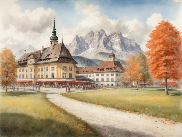 Ein malerisches Gebäude mit spitzem Turm steht im Vordergrund, umgeben von bunten Herbstbäumen in orange und gelb. Eine Gruppe von Menschen flaniert auf einem gepflasterten Weg, der durch eine grüne Wiese führt. Im Hintergrund erheben sich majestätische Berge unter einem hellblauen Himmel mit einigen Wolken. Die Szene vermittelt eine einladende und gemütliche Atmosphäre in der Herbstlandschaft.