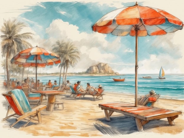 Auf dem Bild ist ein schöner Strand mit Liegen, Sonnenschirmen und Palmen zu sehen. Menschen entspannen sich am Meer, und einige Boote fahren auf dem Wasser.In Waterdunen gibt es viele Freizeitmöglichkeiten, die dem Bild ähneln. Man kann am Strand entspannen, schwimmen, Beachvolleyball spielen oder Strandspaziergänge machen. Auch Wassersportarten wie Windsurfen und Kitesurfen sind beliebt. Außerdem können Besucher die malerische Umgebung erkunden und lokale Restaurants genießen.