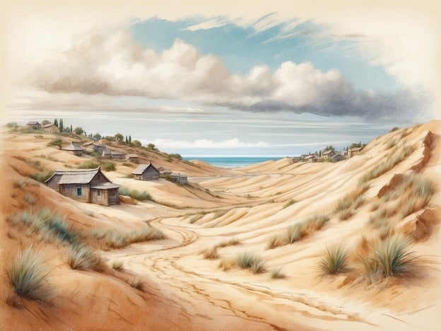 Das Bild zeigt eine ruhige Küstenlandschaft mit sanften Sanddünen und verstreuten Hütten. Diese Szenerie erinnert an die Region Hoogduin in Zeeuws-Vlaanderen, bekannt für ihre charakteristischen Dünenlandschaften und die Nähe zum Meer.In der Geschichte von Hoogduin und Zeeuws-Vlaanderen sind die geographischen Merkmale wie Dünen und Küstenlinien von großer Bedeutung. Die Lebensweise der Bewohner war eng mit dem Meer und den natürlichen Ressourcen verbunden. Die Hütten könnten als einfache Behausungen der Fischer oder Landwirte interpretiert werden, die in dieser einzigartigen Umgebung leben.Die sanfte Farbpalette und die weichen Linien in dem Bild vermitteln zudem eine idyllische und friedliche Atmosphäre, die typisch für die ländlichen Landschaften in dieser Gegend ist.