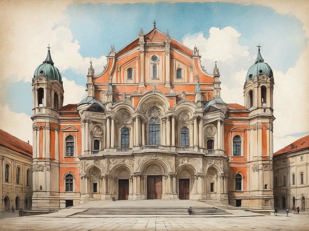 Auf dem Bild ist eine beeindruckende barocke Kirchenarchitektur zu sehen, die durch ihre opulente Fassade besticht. Die mehrstöckigen Türme mit Kuppeln und die reich verzierte Eingangstreppe verleihen dem Gebäude eine majestätische Ausstrahlung.Die Verwendung von leuchtenden Farben, insbesondere in den roten und weißen Tönen, sowie die kunstvollen Details an Fenstern und Säulen zeugen von der Kunstfertigkeit der Zeit. Die symmetrische Anordnung der Elemente schafft eine harmonische Gesamtkomposition, die sowohl fromm als auch einladend wirkt. Darüber hinaus ist der Himmel im Hintergrund hell und freundlich, was die Szenerie zusätzlich erhellt.Insgesamt vermittelt das Bild ein Gefühl von Größe und Kunstfertigkeit, das charakteristisch für die barocke Architektur ist.
