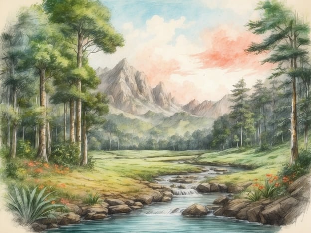 Auf dem Bild ist eine idyllische Landschaft zu sehen, die vereinzelte Berge, einen kleinen Fluss sowie Bäume und Pflanzen zeigt. Im Drents-Friese Wold findet man eine vielfältige Flora und Fauna:Die Wälder sind oft von Kiefern und Birken geprägt, ergänzt durch Sträucher wie Heidelbeeren und Preiselbeeren. In feuchteren Gebieten gibt es Grünen, wo man Binsen und Schilfrohr findet. Typische Tiere sind Rehe, Wildschweine und zahlreiche Vogelarten wie der Schwarzspecht oder die Nachtigall. Diese harmonische Landschaft spiegelt die natürliche Schönheit und Vielfalt dieser Region wider.