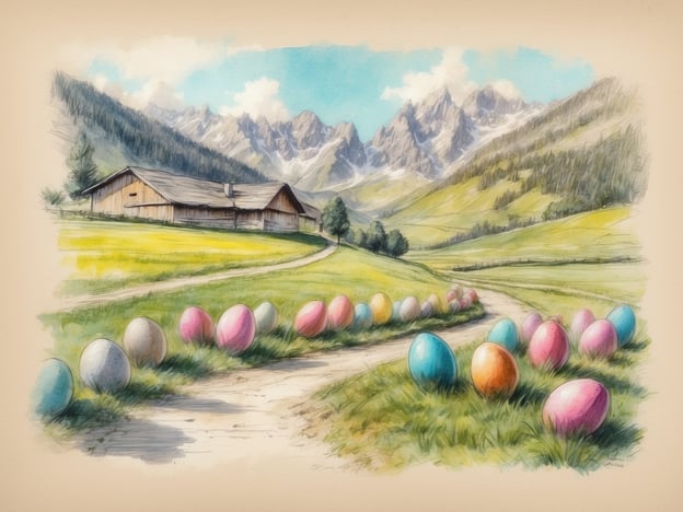 In der Bildmitte erstreckt sich ein ländlicher Weg, der durch eine grüne Wiese führt. Auf der rechten Seite des Weges sind bunte Ostereier in verschiedenen Farben auf dem Gras verteilt. Links im Bild steht ein traditionelles Bauernhaus, umgeben von sanften Hügeln und majestätischen Bergen im Hintergrund. Der Himmel ist blau mit einigen weißen Wolken, die das frühlingshafte Ambiente unterstreichen.