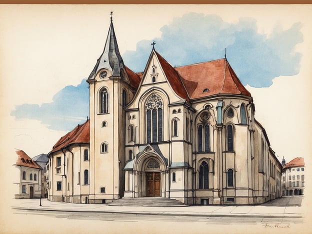 Auf dem Bild ist eine beeindruckende Kirche zu sehen, die durch ihren architektonischen Stil und die farbige Ausgestaltung auffällt.**Besondere Merkmale:**- Die Kirche besitzt einen hohen, spitzen Turm, der sich eindeutig vom Gebäude abhebt.- Der Eingangsbereich ist mit großen Bögen und einem geschmackvollen Portal gestaltet.- Die Fenster sind mit fein gearbeiteten Buntglasfenstern, die eine schöne Lichtdurchlässigkeit versprechen.- Das Dach ist rot und mit verschiedenen Höhen, was der Kirche einen charakteristischen Look verleiht.**Besichtigung:**Die Darstellung der Kirche lädt dazu ein, sich Gedanke über ihre Geschichte und kulturelle Bedeutung zu machen. Die umliegenden Gebäude und Straßen scheinen die Kirche in einem städtischen Kontext zu platzieren, was einen reizvollen Blick auf den Kontrast zwischen der historischen Architektur und der modernen Umgebung bietet. Ein Besuch könnte sich besonders lohnen, um die Details der Baukunst und die Atmosphäre des Ortes zu erleben.