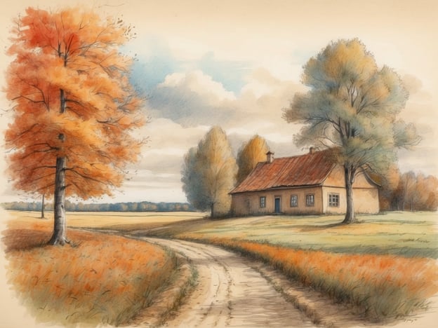 Eine idyllische Landschaft im Herbst mit einem kleinen Haus am Wegesrand. Umgeben von Bäumen in herbstlichen Farben, besonders ein kräftig orangefarbener Baum und mehrere gelbe Bäume. Im Vordergrund ein geschwungener Feldweg, der zum Haus führt, und das Gras ist teilweise orange gefärbt. Der Himmel ist teilweise bewölkt, was eine ruhige und friedliche Atmosphäre schafft. Die Herbstferien in Brandenburg 2024 finden vom 14. bis 26. Oktober statt.