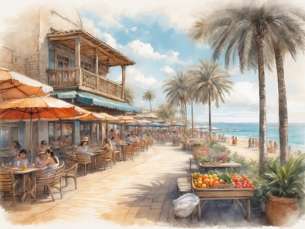 Auf dem Bild sieht man eine sonnige Uferpromenade mit gemütlichen Restaurants und Cafés, die von Palmen gesäumt sind. Die Terrassen sind mit orangen Sonnenschirmen ausgestattet und viele Gäste genießen ihre Getränke in der warmen Atmosphäre.In der Nähe könnte man Sehenswürdigkeiten wie einen schönen Strand besuchen, wo man schwimmen oder entspannen kann. Vielleicht gibt es auch Märkte mit frischen Früchten und lokalen Produkten, die für eine perfekte kulinarische Erfahrung sorgen. Solche Orte bieten oft einen wunderschönen Blick auf das Meer und sind ideal für Spaziergänge oder um den Sonnenuntergang zu genießen. Dies erinnert an entspannte Tage an einem mediterranen Ort, wo sowohl die Natur als auch die Kultur zu erleben sind.