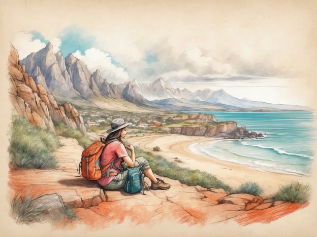 Auf dem Bild ist eine Person zu sehen, die auf einem Felsen sitzt und die Aussicht auf eine Küstenlandschaft mit Bergen im Hintergrund genießt. Die Szenerie könnte in einer Region wie der Kap-Halbinsel in Südafrika angesiedelt sein, wo Wanderungen zu den Tafelberg und den zahlreichen Buchten häufig angeboten werden.In der Nähe gibt es möglicherweise verschiedene Aktivitäten, wie das Wandern in den umliegenden Bergen, Schwimmen oder Surfen an den Stränden, sowie die Erkundung von Nationalparks, wie dem Tafelberg-Nationalpark oder dem Kap der Guten Hoffnung. Außerdem gibt es Attraktionen wie das historische Simon's Town oder die Pinguinkolonie am Boulders Beach.