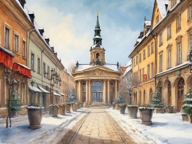 Eine malerische Winterstraße ist in sanften Farben dargestellt, die von hohen Gebäuden mit hübschen Fassaden flankiert wird. Auf der rechten Seite gibt es ein historisches Gebäude mit einer Kuppel und einer beeindruckenden Fassade, das im Winterlicht erstrahlt. Die Straße ist mit einer dünnen Schicht Schnee bedeckt, und grüne Pflanzen sind in dekorativen Töpfen verteilt. An den Seiten stehen Straßenlaternen und kleine Bäume, die den winterlichen Charme der Szenerie unterstreichen. Die Stimmung ist ruhig und friedlich in dieser hübschen Winterlandschaft. Wann sind die Winterferien in Brandenburg 2024?