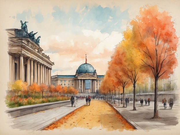 Eine malerische Straße in Berlin im Herbst, flankiert von Bäumen mit bunten Blättern in Gelb, Orange und Rot. Auf der linken Seite steht das Brandenburger Tor, mit beeindruckenden Säulen und einer Statue oben drauf. Im Hintergrund sieht man das Deutsche Nationaltheater mit einer charakteristischen Kuppel und einer Flagge auf dem Dach. Menschen gehen entlang der gepflasterten Straße und genießen die herbstliche Atmosphäre. Der Himmel ist sanft gefärbt in Pastelltönen. Wann sind die Herbstferien in Berlin 2024?