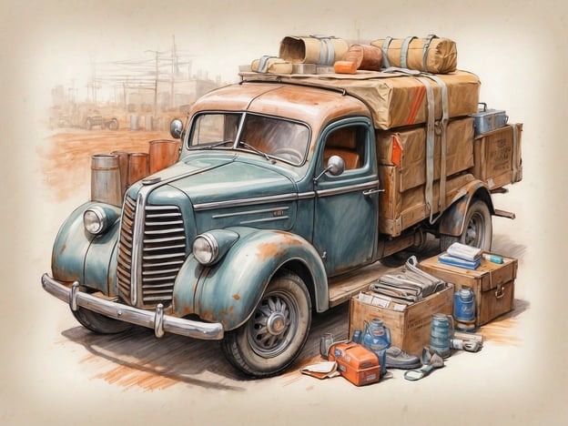 Auf dem Bild ist ein älterer, blauer Lastwagen zu sehen, der mit verschiedenen Gepäckstücken und Kisten bepackt ist. Der Lastwagen steht vermutlich an einem Ort, der für einen Roadtrip vorbereitet ist.Für einen Roadtrip könnten folgende Vorbereitungen wichtig sein:1. **Packen der Koffer**: Wichtige Dinge wie Kleidung, Toilettenartikel und Snacks sollten gut verstaut sein.2. **Ausrüstung**: Werkzeug, Erste-Hilfe-Kasten, Wasserflaschen und Karten oder ein GPS-Gerät können nützlich sein.3. **Proviant**: Snacks und Getränke für die Reise können helfen, die Zeit auf der Straße angenehmer zu gestalten.4. **Unterhaltung**: Bücher, Musik oder Spiele für die Mitreisenden sollten ebenfalls eingeplant werden.5. **Fahrzeuginspektion**: Vor der Abfahrt sollte der Lastwagen auf Sicherheit überprüft werden, einschließlich Ölstand, Reifen und Bremsen.Diese Vorbereitungen sorgen dafür, dass der Roadtrip reibungslos verläuft und alle Reisenden gut versorgt sind.