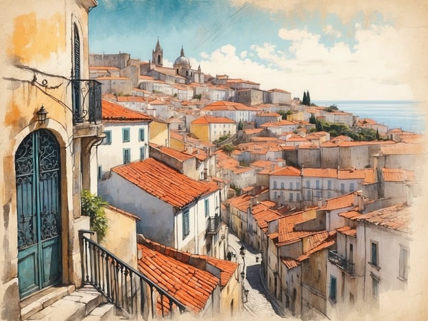 Auf dem Bild ist eine malerische Aussicht auf eine hügelige Stadt mit engen Gassen und Häusern mit roten Ziegeldächern zu sehen. Diese Darstellung erinnert an die charmanten Viertel Lissabons, wie das historische Alfama-Viertel. Dort findet man enge Gassen, farbenfrohe Häuser und beeindruckende Ausblicke auf den Tejo-Fluss. Auch die historischen Kirchen und die typischen Straßenbahnen sind charakteristisch für Lissabon.
Die Atmosphäre der Stadt wird durch die hellen Farben und das klare Licht verstärkt, was typisch für die Stimmung in Portugal ist.