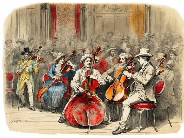 Das Bild zeigt eine historische Szene eines Orchesters, das musikalische Darbietungen präsentiert, vermutlich im 19. Jahrhundert. In dieser Zeit erlebte die Bayerische Staatsoper in München eine Blütephase. Gegründet im Jahr 1818, entwickelte sie sich schnell zu einem wichtigen Zentrum für Musik und Theater.Besonders während der 1860er Jahre, als Richard Wagner einen bedeutenden Einfluss auf die Musikszene hatte, erlangte die Staatsoper großes Ansehen. Die Darstellung der Musiker im Bild könnte an diese prägenden Jahre erinnern, in denen Künstler und Komponisten, inspiriert von der aufkommenden Romantik, bedeutende Werke schufen und aufführten.Solche Konzerte und Aufführungen waren nicht nur kulturelle Ereignisse, sondern auch gesellschaftliche Ereignisse, an denen häufig die Elite und das Bürgertum teilnahmen, wie es die Kleidung und die Stühle im Bild andeutet.