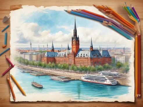 Eine farbenfrohe illustration zeigt das Hamburger Rathaus im Vordergrund, umgeben von einem klaren Himmel mit einigen Wolken. Der Blick ist von einem Wasserweg auf das prächtige Gebäude gerichtet, dessen turmförmige Elemente hervorstechen. An der Uferpromenade sind mehrere Boote und Schiffe zu sehen, die sanft auf dem Wasser schwimmen. In der oberen Ecke sind verschiedene Buntstifte und Klingen platziert, was den Eindruck eines künstlerischen Prozesses vermittelt. Die Szene fängt das lebendige Stadtleben und die Architektur Hamburgs ein. Wann sind die Sommerferien in Hamburg 2024.