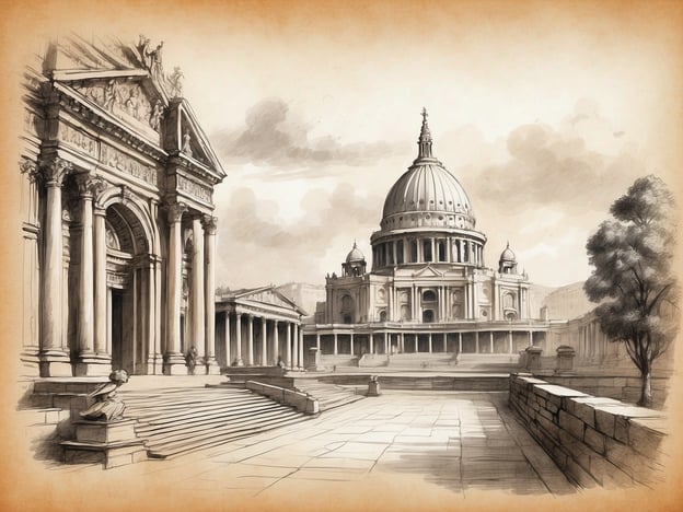 Auf dem Bild ist eine architektonische Darstellung einer beeindruckenden Kirche zu sehen, die die Kuppel von St. Pauls Kathedrale in London darstellen könnte. Die monumentalen Säulen und die zentrale Kuppel sind typische Merkmale dieser berühmten Sehenswürdigkeit.St. Pauls Kathedrale ist bekannt für ihren prächtigen Barockstil und bietet Besuchern nicht nur eine beeindruckende Innenansicht, sondern auch einen herrlichen Ausblick von der Kuppel. Weitere Top Sehenswürdigkeiten in der Nähe könnten die London Bridge und die Themse sein, die zusammen mit der Kathedrale ein beliebtes Ziel für Touristen darstellen.