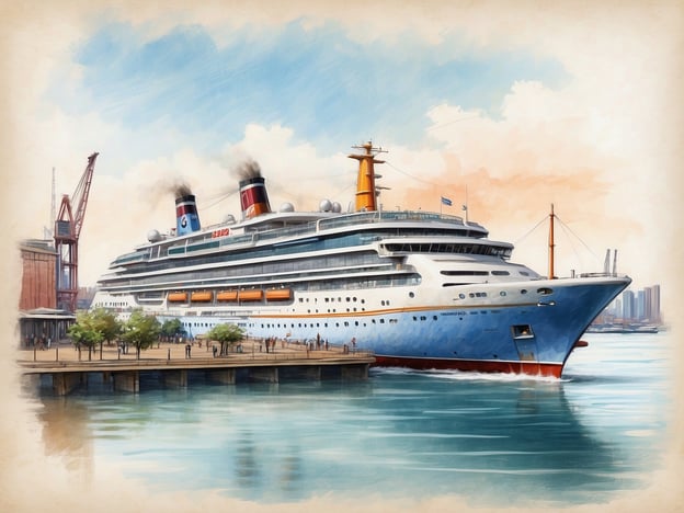 Ein großes Kreuzfahrtschiff liegt im Hafen, umgeben von einem ruhigen Wasserbereich. Im Hintergrund sind einige moderne Gebäude und ein Kran zu sehen. Die Hafenpromenade ist mit Bäumen und Menschen belebt, die das Schiff betrachten. Der Himmel ist hell und klar mit sanften Wolken.Wann sind die Pfingstferien in Hamburg 2024?