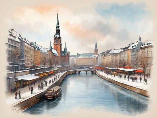 Eine winterliche Landschaft in Hamburg zeigt eine malerische Kulisse mit schneebedeckten Gebäuden und einem Kanal. Im Vordergrund schwimmt ein kleines Boot auf dem ruhigen Wasser, während auf den Ufern Menschen spazieren gehen. Die Architektur ist typisch für die Stadt, mit hohen Türmen und geschmückten Straßen. Auf den Seiten des Kanals stehen Stände mit orangefarbenen Schirmen. Der Himmel ist in sanften Pastelltönen gehalten, was die gemütliche Atmosphäre des Wintertags unterstreicht.Wann sind die Winterferien in Hamburg 2024?