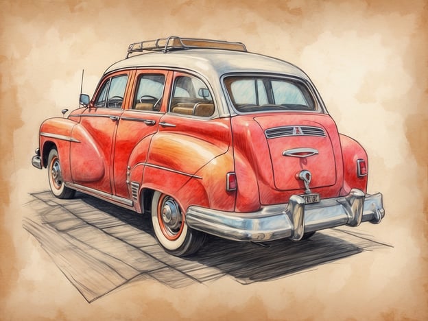 Auf dem Bild ist ein klassisches rotes Auto zu sehen, das an die 1940er Jahre erinnert. Es hat eine auffällige Form mit geschwungenen Linien und einem hellen Dach. Der Dachgepäckträger deutet darauf hin, dass es gut für einen Roadtrip geeignet ist.
**Die Planung des Roadtrips:**
1. **Ziel festlegen:** Überlege, wohin die Reise gehen soll und welche Sehenswürdigkeiten entlang des Weges liegen.
2. **Routenplanung:** Wähle eine landschaftlich reizvolle Route, die zu den Möglichkeiten des Fahrzeugs passt.
3. **Ausrüstung packen:** Stelle sicher, dass alle notwendigen Utensilien wie Snacks, Wasser und Karten oder GPS vorhanden sind.
4. **Pausen einplanen:** Plane regelmäßige Stopps ein, um die Reise entspannt zu gestalten und die Umgebung zu erkunden.
5. **Fahrzeugcheck:** Prüfe das Auto auf seine Reisebereitschaft, inklusive Reifen, Öl und Kühlflüssigkeit.
Viel Spaß beim Planen deines Roadtrips!