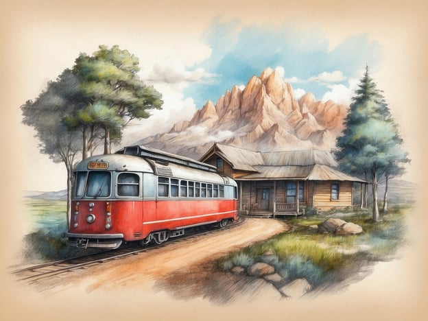 Auf dem Bild ist eine rote Straßenbahn zu sehen, die an einem kleinen, rustikalen Haus neben einer Eisenbahnlinie hält. Im Hintergrund erheben sich majestätische Berge, umgeben von Bäumen und einer ruhigen Landschaft.
Entlang der Route könnten verschiedene Unterkünfte angeboten werden, wie zum Beispiel:
1. **Bergchalet**: Besonders idyllisch, ideal für Wanderer und Naturliebhaber.
2. **Gasthaus**: Ein traditionelles Haus mit regionaler Küche und gemütlicher Atmosphäre.
3. **Campingplätze**: Für Abenteuerlustige, die die Natur hautnah erleben möchten.
4. **Ferienwohnungen**: Selbstversorgerunterkünfte in der Nähe der Bahnlinie, um die Umgebung zu erkunden.
Diese Unterkünfte würden den Reisenden ermöglichen, die malerische Landschaft zu genießen und sich von den Abenteuern zu erholen.