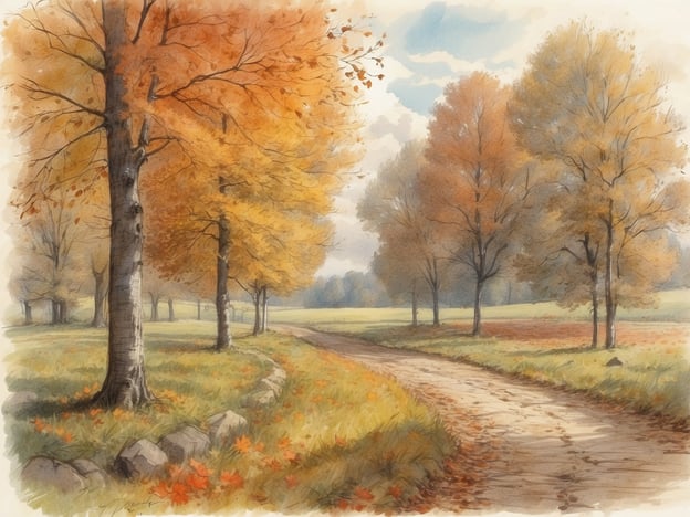 Eine malerische Herbstlandschaft mit bunten Bäumen in leuchtenden Gelb- und Orangetönen, die den Weg säumen. Ein sanfter Kurvenweg führt durch die Szene, umgeben von grünem Gras und gelegentlichen herabgefallenen Blättern. Der Himmel hat hellblaue und graue Wolken, die eine ruhige, herbstliche Stimmung erzeugen. Im Hintergrund sind weitere Bäume sichtbar, was die Tiefe des Bildes verstärkt. Die gesamte Szenerie vermittelt ein Gefühl von Frieden und Naturverbundenheit.Wann sind die Herbstferien in Hessen 2024? Die Herbstferien in Hessen 2024 sind vom 14. Oktober bis zum 27. Oktober.