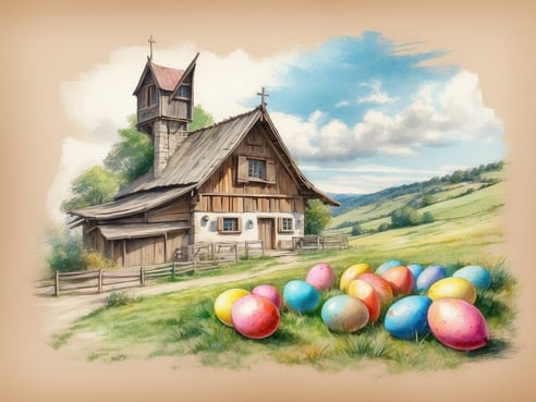 Ein charmantes, ländliches Gebäude mit einer Holzfassade und einem Schindeldach steht inmitten einer grünen Wiese. In der Nähe des Hauses sind mehrere bunte, kunstvoll bemalte Ostereier in verschiedenen Farben wie Pink, Blau, Gelb und Grün verstreut. Der Himmel ist partly bewölkt und sorgt für eine helle, freundliche Atmosphäre. Die Landschaft im Hintergrund ist hügelig und grün, was dem Bild eine friedliche und festliche Stimmung verleiht. Wann sind die Osterferien in Hessen 2024?