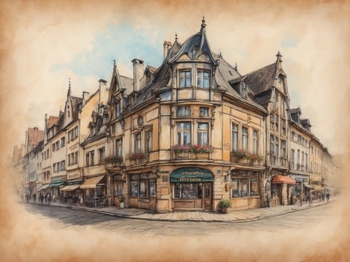 Ein malerisches Straßenszenario zeigt ein hübsches, historisches Gebäude an der Straßenecke. Die Fassade ist mit blühenden Fensterkästen geschmückt, und die Fenster sind groß und einladend. Um das Gebäude herum stehen verschiedene Geschäfte mit Schildern und Markisen, die einladend wirken. Die Straße ist belebt, mit Spaziergängern und Cafétischen im Freien. Der Himmel im Hintergrund ist hell und klar, was eine freundliche Atmosphäre schafft. Diese Szenerie vermittelt den Charme einer alten Stadt. Die Pfingstferien in Hessen 2024 fallen in die Zeit vom 18. bis 29. Mai.