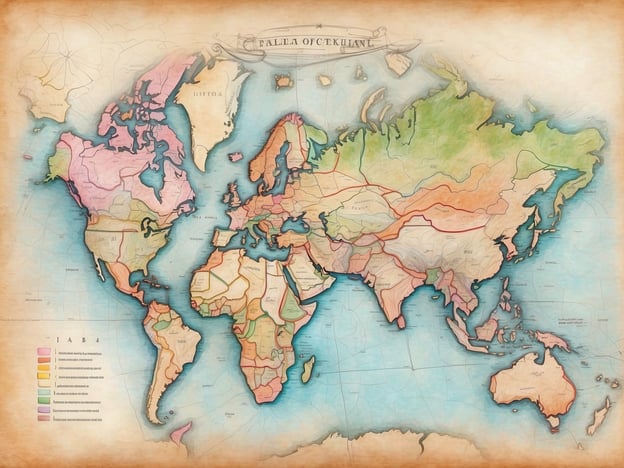 Auf dem Bild ist eine historische Weltkarte zu sehen, die in verschiedenen Farben eingeteilt ist. Die unterschiedlichen Farben scheinen verschiedene Regionen oder geographische Merkmale darzustellen. Außerdem sind politische Grenzen und wahrscheinlich wichtige Städte oder Gebiete eingezeichnet. Die Karte hat einen alten, handgezeichneten Look und könnte dazu dienen, Informationen über verschiedene Länder oder Kulturen zu vermitteln.Die optimale Route finden: Um die Informationen auf dieser Karte effektiv zu nutzen, könnte man sich zunächst auf die jeweiligen Farben und ihre Bedeutungen konzentrieren. Danach lassen sich gezielte geografische oder kulturelle Recherchen ansetzen, um die Erkenntnisse weiter zu vertiefen.