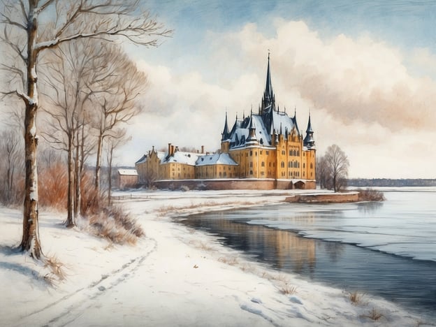 Eine malerische Winterlandschaft zeigt ein gelbes Schloss, das majestätisch auf einem Hügel steht. Das Schloss hat einen hohen, spitzen Turm und mehrere Giebel. Umgeben ist es von schneebedeckten Bäumen und einem gefrorenen Gewässer im Vordergrund. Die Szenerie ist von sanften, grauen und blauen Himmelstönen geprägt, die eine ruhige und friedliche Atmosphäre schaffen. Im Hintergrund sind einige schneebedeckte Hügel zu erkennen, die die winterliche Stimmung verstärken. Diese Darstellung könnte gut zur Beschreibung der Winterferien in Mecklenburg-Vorpommern 2024 passen.