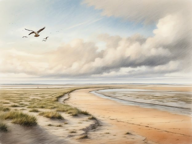 Auf dem Bild sieht man eine malerische Landschaft an der Nordsee. Der weite Strand, der sanft ins Meer übergeht, wird durch üppiges Gras und Sand geprägt. Hoch am Himmel fliegen Möwen und andere Vögel, die die frische Meeresbrise genießen. Die Wolkenformationen bringen eine besondere Stimmung in die Szene, während das sanfte Licht eine ruhige Atmosphäre schafft.Solche Naturlandschaften sind ideal für ausgedehnte Spaziergänge, bei denen man die Gezeiten und die Vielfalt der Tierwelt, wie Seehunde und viele Vogelarten, beobachten kann. Die Nordsee bietet nicht nur Erholung, sondern auch einzigartige Momente der Verbundenheit mit der Natur.
