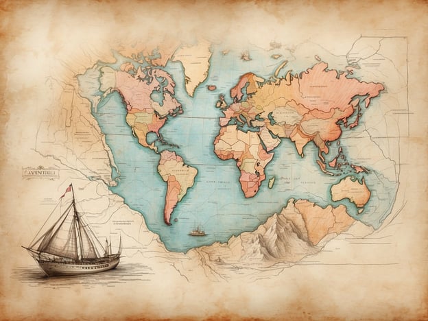 Auf dem Bild ist eine alte Weltkarte zu sehen, die verschiedene Kontinente und Länder in sanften Farben darstellt. Links befindet sich ein Segelschiff, das an die maritime Erkundung erinnert.
**Die Planung des Roadtrips:** Um eine spannende Reise zu planen, könnte man sich überlegen, welche Regionen auf der Karte besonders interessant sind. Man könnte verschiedene Länder auswählen, die man besuchen möchte, und die besten Routen zwischen diesen Zielen planen. Es wäre auch hilfreich, sich über Sehenswürdigkeiten, lokale Kulturen und kulinarische Highlights zu informieren, um das Abenteuer noch aufregender zu gestalten.