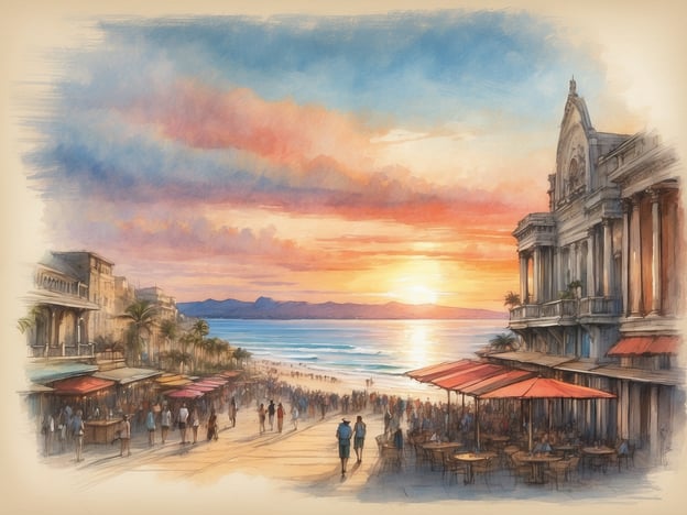 Auf dem Bild ist eine malerische Küstenpromenade bei Sonnenuntergang zu sehen. Die Szenerie zeigt typisch mediterrane Gebäude mit prächtigen Fassaden, Cafés und Restaurants mit Sonnenschirmen. Die Palmen und der Strand im Vordergrund laden zum Flanieren ein, während die sanften Wellen des Meeres im Hintergrund gegen die Ufer schlagen.
Must-see Sehenswürdigkeiten, die man in solch einer Umgebung erwarten könnte, sind:
1. **Das Ufer oder die Strandpromenade** – ideal für Spaziergänge und zum Genießen der Aussicht.
2. **Historische Gebäude oder Villen** – oft kulturell und architektonisch bedeutend.
3. **Restaurants und Cafés** – perfekt, um regionale Spe Spezialitäten zu probieren und entspannen.
4. **Aussichtspunkte** – Orte, von denen aus man den Sonnenuntergang besonders gut beobachten kann.
Diese Elemente schaffen eine einladende Atmosphäre und machen die Gegend zu einem beliebten Ziel für Touristen.