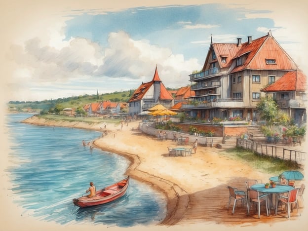 Das Bild zeigt eine malerische Küstenlandschaft mit einem ruhigen Gewässer, einem Sandstrand und mehreren Gebäuden im Hintergrund. Die Architektur der Häuser ist verspielt mit roten Dächern, die an ein Ferienresort erinnern. Am Strand sind vereinzelt Menschen zu sehen, die sich entspannen oder im Wasser spielen. Ein kleines, rotes Boot liegt am Ufer. Rund um die Bauten sind Tische und Stühle aufgestellt, einige mit Sonnenschirmen. Die Umgebung ist grün und hügelig, mit einer angenehmen, sonnigen Atmosphäre. Die Sommerferien in Niedersachsen 2024 beginnen voraussichtlich am 1. Juli und enden am 12. August.