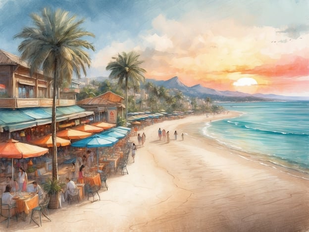 Auf dem Bild ist eine malerische Küstenlandschaft zu sehen. Die Highlights sind:
- **Sonnenuntergang**: Der Himmel erstrahlt in warmen Farben, was eine gemütliche Atmosphäre schafft.
- **Strandpromenade**: Entlang des Strandes gibt es zahlreiche Tische mit bunten Sonnenschirmen, die zum Verweilen einladen.
- **Palmwälder**: Die Palmen verleihen dem Szenario ein tropisches Gefühl.
- **Menschen**: Spaziergänger genießen die Umgebung, was die lebendige Stimmung unterstreicht.
- **Berge im Hintergrund**: Die sanften Hügel fügen eine schöne Dimension hinzu.
Insgesamt strahlt das Bild eine entspannte Urlaubsstimmung aus.