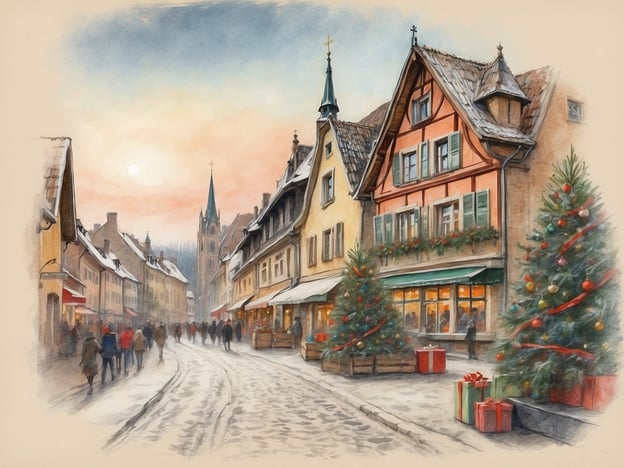Eine malerische winterliche Stadtstraße ist zu sehen, gesäumt von historischen Gebäuden mit verschiedenen Farben und architektonischen Stilen. Weihnachtsbaumdekorationen und Geschenkpäckchen sind auf der Straße und den Gehwegen verteilt. In der Ferne ist ein Kirchturm mit einem grünen Dach sichtbar, und die Abendsonne wirft warmes Licht auf die Szene. Menschen flanieren in festlicher Kleidung und genießen die festliche Atmosphäre. Diese Darstellung evoziert ein einladendes Weihnachtsgefühl. Wann sind die Weihnachtsferien in Niedersachsen 2024?