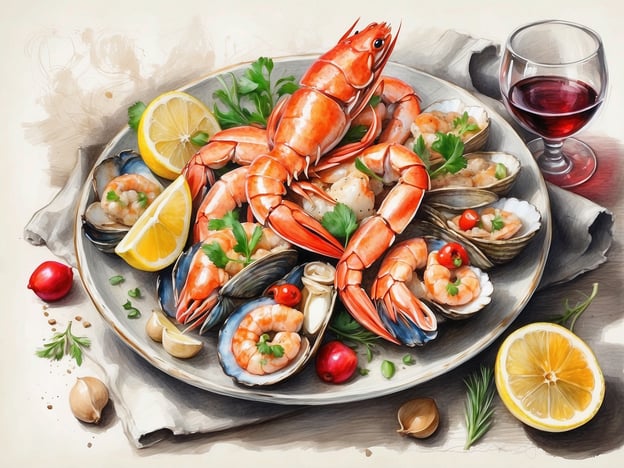 Auf dem Bild ist ein köstlicher Meeresfrüchte-Teller zu sehen, der verschiedene Delikatessen präsentiert, die entlang der spanischen Küste genossen werden. Es sind frische Garnelen, eine große Hummer-ähnliche Krabbe, Muscheln und andere Meeresfrüchte angerichtet. Die Garnituren aus Zitrone, Kräutern und vielleicht etwas Chili verleihen dem Gericht eine ansprechende Frische.
Die spanische Küste ist bekannt für ihre hervorragenden Meeresfrüchte, insbesondere in Regionen wie Katalonien, wo Gerichte wie "Suquet de Peix" (ein köstlicher Fischeintopf) oder "Fideuà" (Nudeln mit Meeresfrüchten) beliebt sind. Auch in Andalusien, wo Speisen wie "Pescaíto Frito" (frittierter Fisch) und frisch gegrillte Sardinen serviert werden, spielt der Genuss von Meeresfrüchten eine zentrale Rolle. Ein Glas spanischen Rotweins passt perfekt zu diesen delikaten Speisen und rundet das Erlebnis ab.