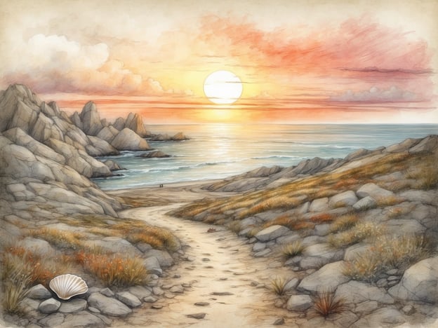 Auf dem Bild ist eine malerische Küstenlandschaft zu sehen, die sich hervorragend für Naturliebhaber und Strandbesucher eignet. Der Sonnenuntergang taucht die Szenerie in warmes Licht und lässt das Meer glitzern.
Für Naturliebhaber könnte diese Umgebung perfekte Gelegenheiten zum Wandern bieten, indem man den schmalen Pfad entlanggeht, der durch die Felsen führt. Radfahren und Vogelbeobachtungen wären ebenfalls mögliche Aktivitäten.
Für Strandbesucher bieten sich entspannende Stunden am Wasser an, vielleicht beim Schwimmen oder Sonnenbaden. Das Sammeln von Muscheln, wie die im Vordergrund abgebildete, könnte auch eine schöne Beschäftigung sein. Außerdem könnte man die Aussicht genießen oder am Abend picknicken und den Sonnenuntergang beobachten.