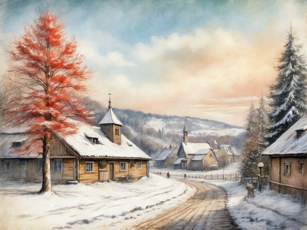 Eine verschneite Landschaft mit einem kleinen, rustikalen Dorf ist zu sehen. Im Vordergrund steht ein roter Baum, dessen Blätter im Schnee leuchten. Es gibt mehrere Holzgebäude mit einem charakteristischen Dach, die von einer sanften Schnee­schicht bedeckt sind. Im Hintergrund sind Hügel und eine weitere Kirche mit einem spitzen Turm zu erkennen, während ein schmaler Weg durch die Szene führt. Die Himmel ist hellblau mit zarten Wolken und gibt den Eindruck eines klaren, kalten Wintertags.Wann sind die Winterferien in Niedersachsen 2024?