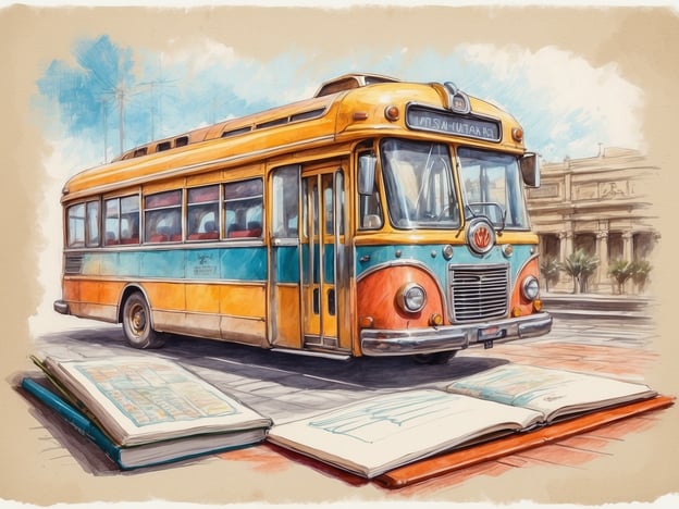 Auf dem Bild ist ein farbenfroher Bus zu sehen, der im Vintage-Stil gestaltet ist. Der Bus hat orangefarbene und türkise Elemente und steht auf einer Straße. Vor dem Bus liegen ein geöffnetes Buch und ein Schreibgerät, die möglicherweise Reiseinformationen oder einen Stadtplan enthalten. Die Umgebung wirkt sonnig und freundlich, und im Hintergrund sind architektonische Elemente oder Gebäude zu sehen, die dem Bild eine städtische Atmosphäre verleihen.
**Die Route planen:** Um mit diesem Bus zu reisen, könnten Sie zunächst einen Stadtplan oder eine Fahrplanauskunft konsultieren, um die besten Routen und Haltestellen zu finden. Überprüfen Sie die Abfahrtszeiten und planen Sie Ihre Reise entsprechend, um Ihr Ziel bequem zu erreichen.