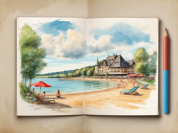 Eine malerische Strandlandschaft mit einem sanften, klaren Wasser und feinem Sand. Im Vordergrund sind Liegen und Sonnenschirme zu sehen, während einige Personen am Strand sitzen und sich entspannen. Im Hintergrund steht ein elegantes Gebäude mit spitzen Dächern, umgeben von Bäumen, die für Schatten sorgen. Der Himmel ist blau mit einigen weißen Wolken, die die sommerliche Atmosphäre unterstreichen. Diese Szenerie vermittelt ein Gefühl von Ruhe und Erholung, ideal für einen Sommertag. Die Sommerferien in Nordrhein-Westfalen 2024 sind von 15. Juli bis 27. August.