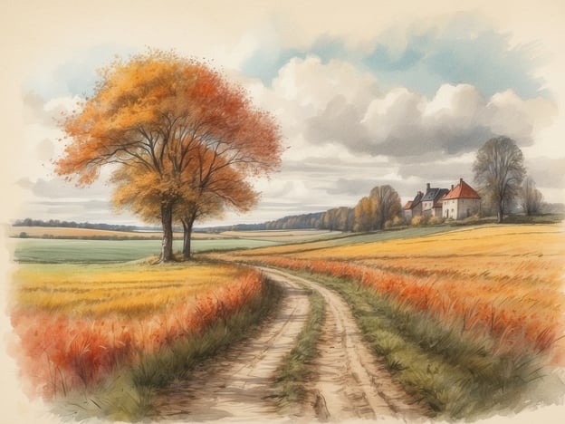 Eine malerische Herbstlandschaft zeigt einen gewundenen Weg, der durch ein Feld mit goldenen und roten Gräsern führt. Am Wegesrand stehen zwei große Bäume mit leuchtend orangefarbenem Laub. Im Hintergrund sind sanfte Hügel und ein paar Häuser mit roten Dächern zu sehen, die von Bäumen umgeben sind. Der Himmel ist teils bewölkt, wodurch eine ruhige und friedliche Atmosphäre entsteht. Wann sind die Herbstferien in Nordrhein-Westfalen 2024.
