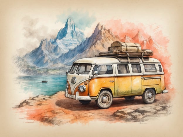 Auf dem Bild ist ein nostalgischer Volkswagen-Bus zu sehen, der am Ufer eines Sees steht. Im Hintergrund erheben sich majestätische Berge, die von einer malerischen Landschaft umgeben sind. Diese Szene könnte perfekt zu deiner Planung für einen Roadtrip durch Kanada passen, besonders wenn du an atemberaubenden Naturansichten und Outdoor-Abenteuern interessiert bist.
Du könntest dir eine Route entlang der Rocky Mountains überlegen, wo du solche Landschaften entdecken kannst. Vergiss nicht, die Ausrüstung für Camping und Wandern im Bus zu verstauen, um die unvergessliche Natur Kanadas in vollem Umfang genießen zu können.